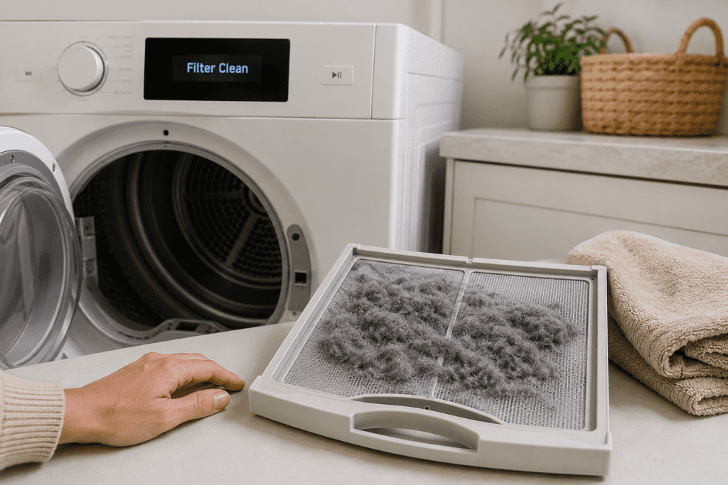 Сушильная машина показывает Filter Clean, рядом пользователь проверяет ворсовый фильтр без разборки техники