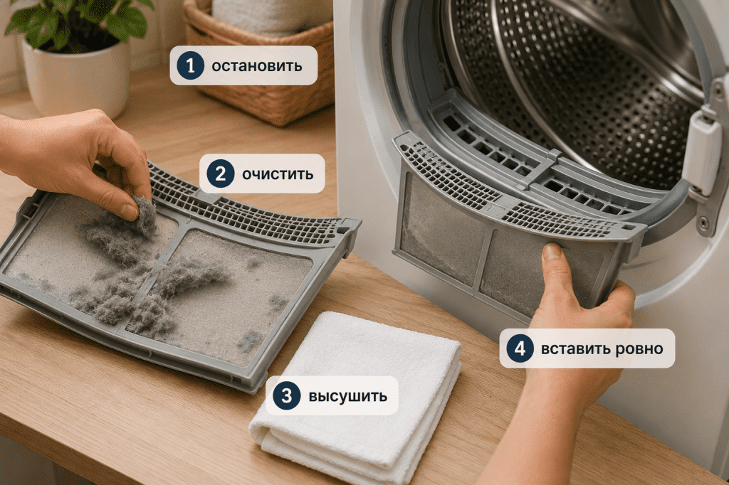 Безопасная последовательность проверки Filter Clean: остановить сушилку, очистить, высушить и ровно вставить фильтр