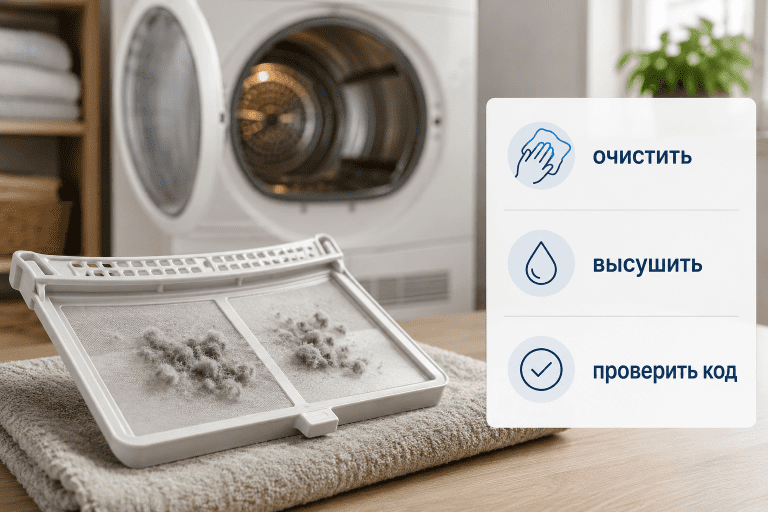 Превью статьи о Filter Clean: безопасная проверка фильтра сушильной машины и переход к диагностике при повторном сигнале