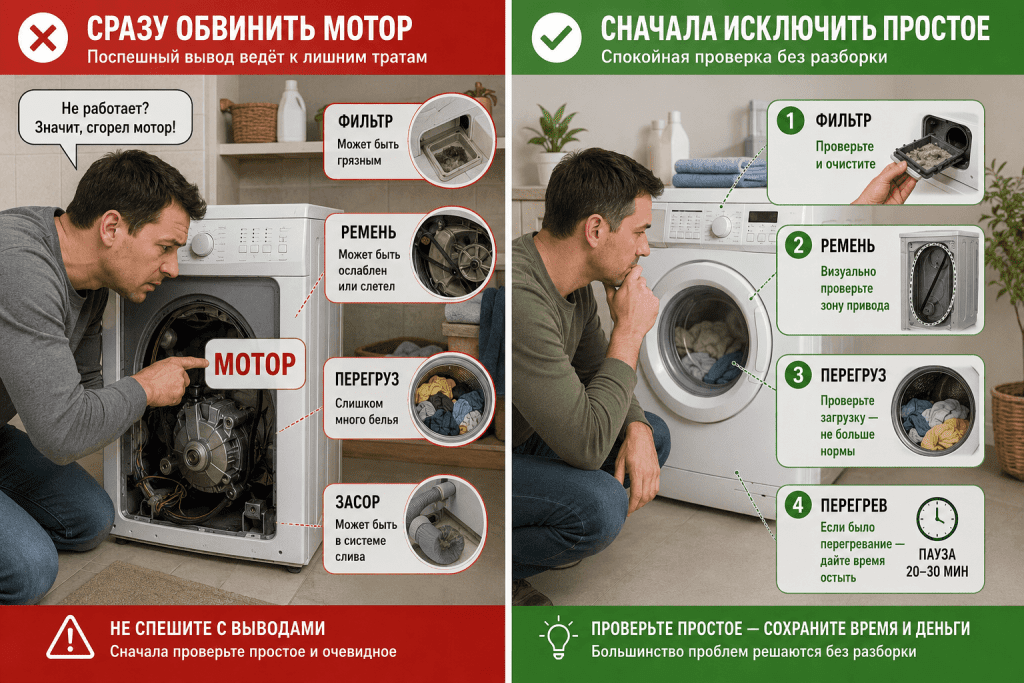 сначала простые причины, потом вывод о моторе