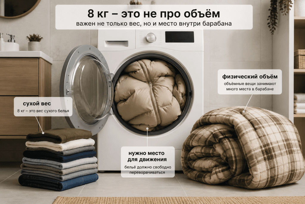 Объёмное одеяло занимает барабан быстрее, чем показывает сухой вес