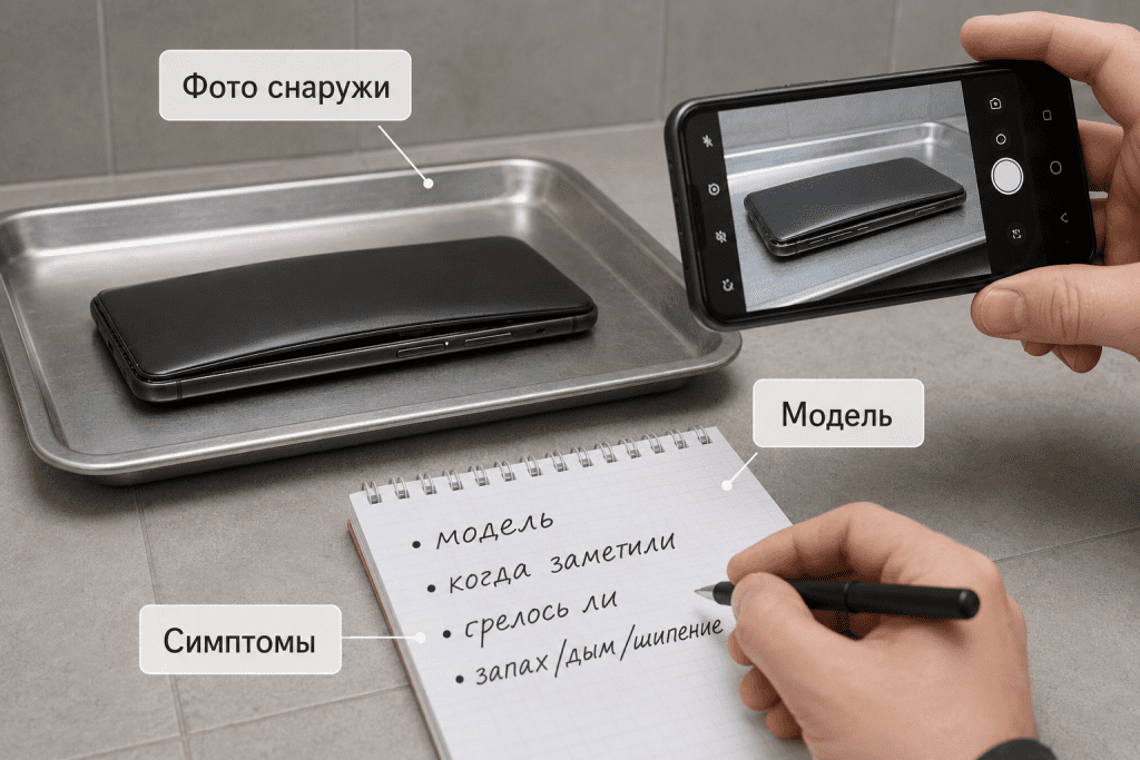 Пользователь фиксирует модель и внешние признаки устройства со вздутой батареей без разборки