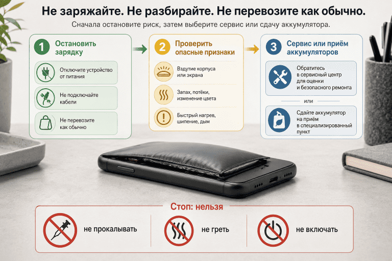 Схема выбора безопасного шага после вздутия батареи: остановить использование, оценить признаки, выбрать сервис или утилизацию