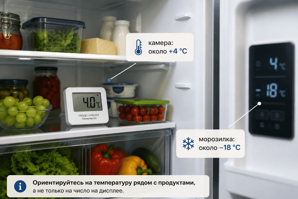 Отдельный термометр показывает реальную температуру в холодильнике, а дисплей служит только ориентиром