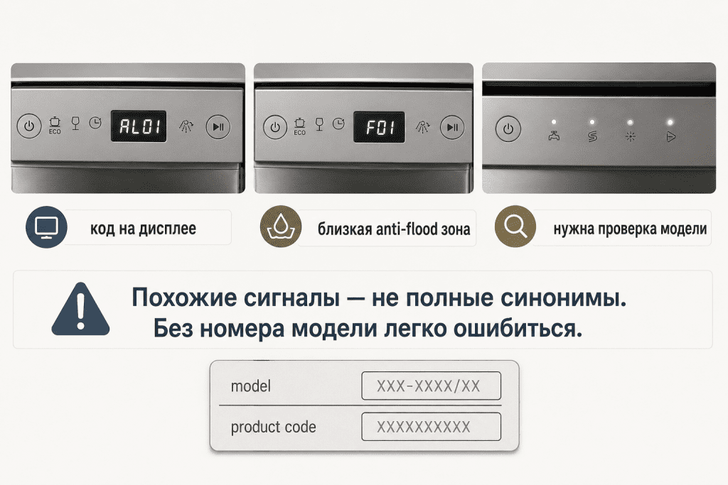 Сравнение дисплея с AL01, индикации F01 и мигающих лампочек на разных панелях посудомоечных машин