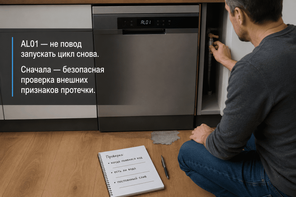 Посудомоечная машина остановлена после ошибки AL01, рядом видны перекрытый кран и следы проверки воды без разборки корпуса