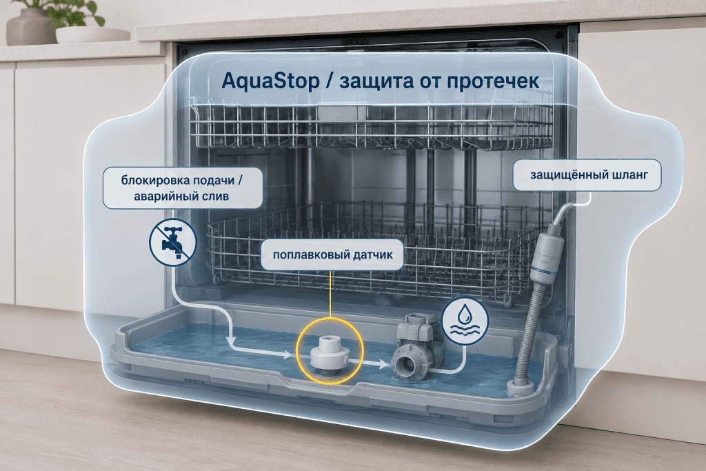 AquaStop шире поплавкового датчика: система защиты может включать поддон, блокировку подачи, аварийный слив и защищённый шланг