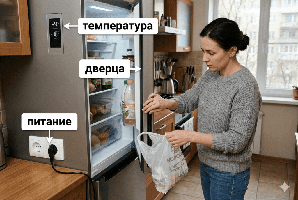 Безопасная проверка питания, дверцы, уплотнителя и температуры холодильника