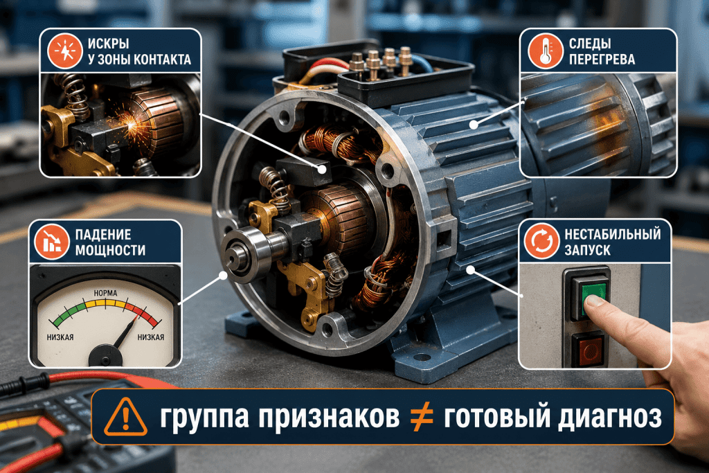 Несколько признаков возможного износа щёток двигателя показаны как группа симптомов, а не точный диагноз