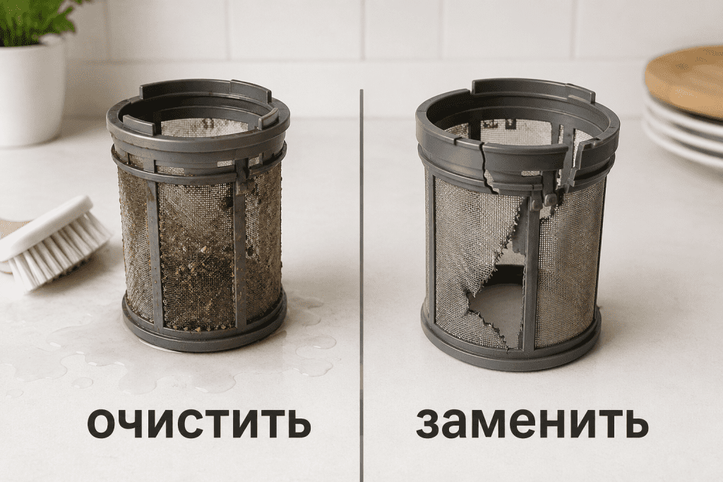 Целый загрязненный фильтр можно очистить, а поврежденный фильтр с трещиной или порванной сеткой нужно заменить