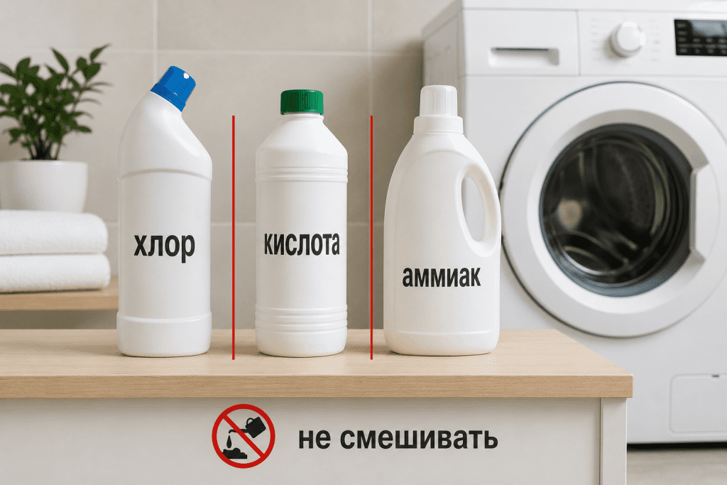 Хлорные, кислотные и аммиачные средства нельзя смешивать при очистке стиральной машины