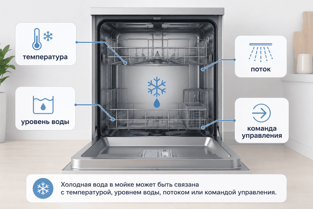 Холодная вода в посудомоечной машине зависит не только от ТЭНа, но и от датчиков, потока воды, модуля и питания цепи