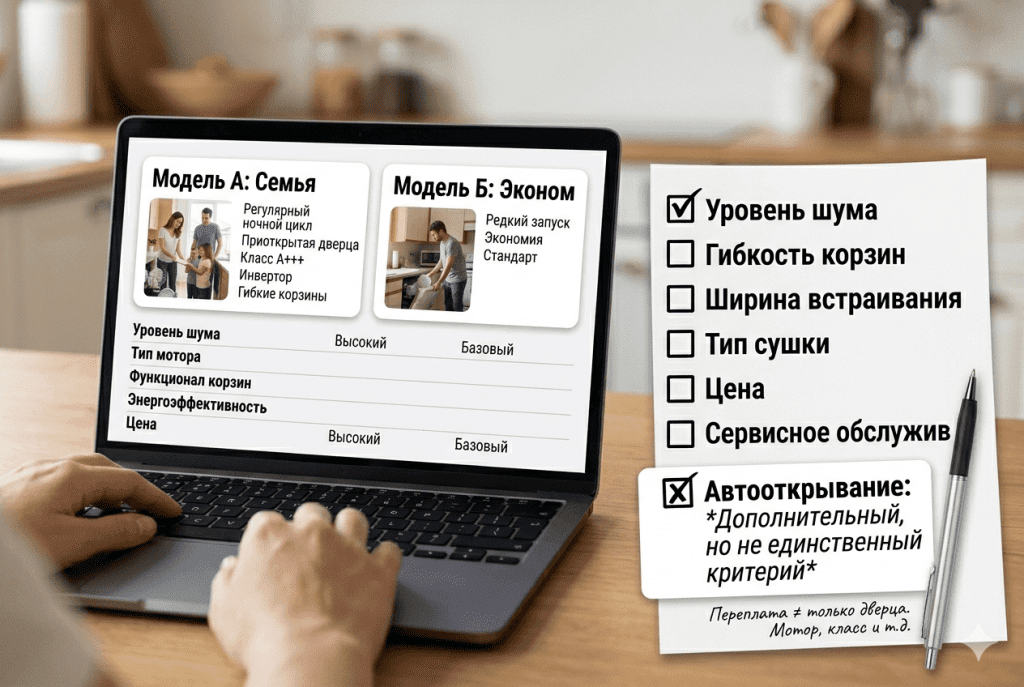 Покупатель сравнивает две близкие модели посудомоечных машин по характеристикам, а не только по автооткрыванию