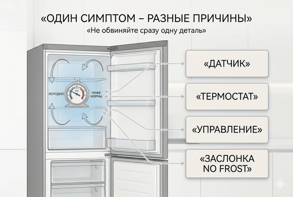 Повторяющееся перемораживание после базовых проверок может указывать на сбой управления охлаждением, но не доказывает одну деталь