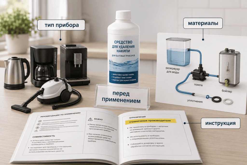 Проверка совместимости декальцинатора по типу прибора, материалам и ограничениям производителя