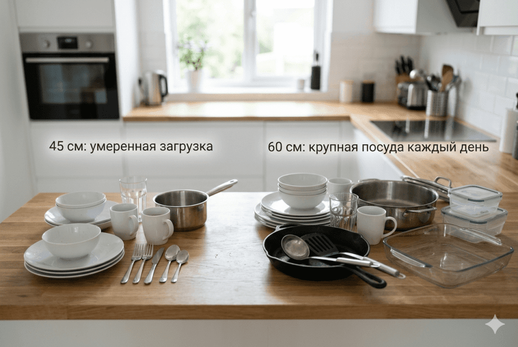 Сравнение обычной вечерней загрузки для посудомоечной машины 45 и 60 см