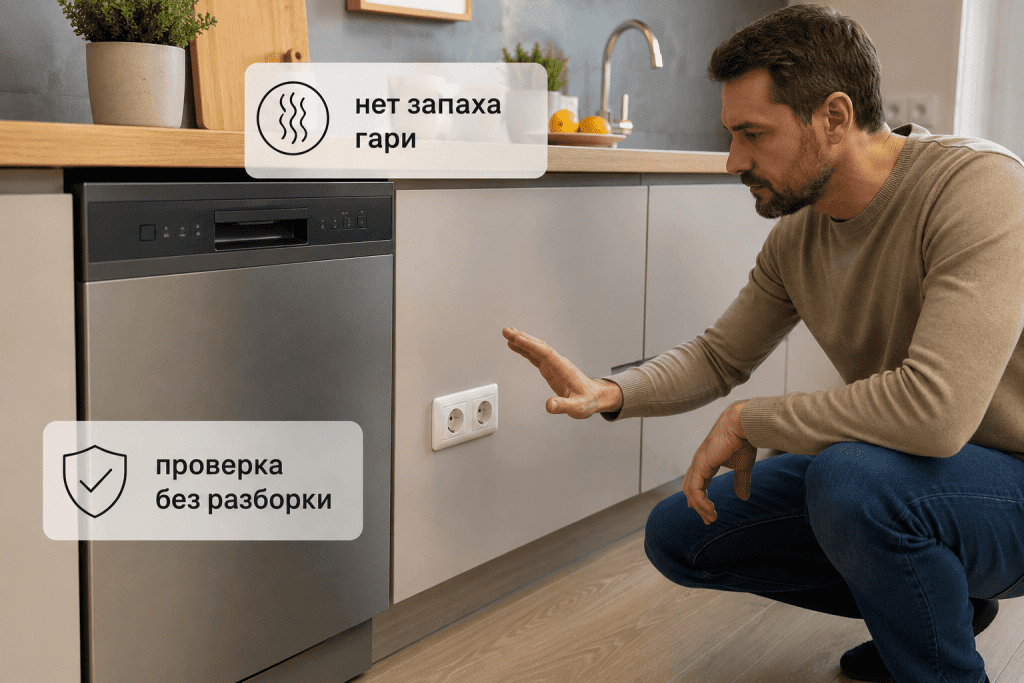 Посудомоечная машина после отключения света, пользователь сначала оценивает безопасность, а не запускает технику наугад
