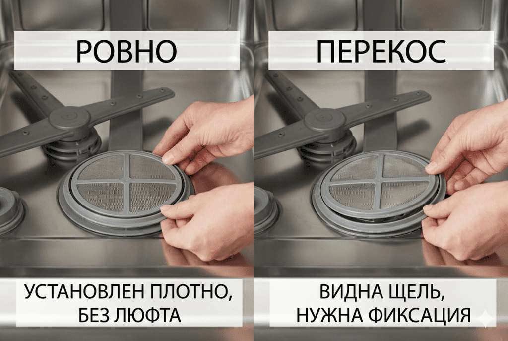 Правильная и неправильная установка фильтра посудомоечной машины без перекоса