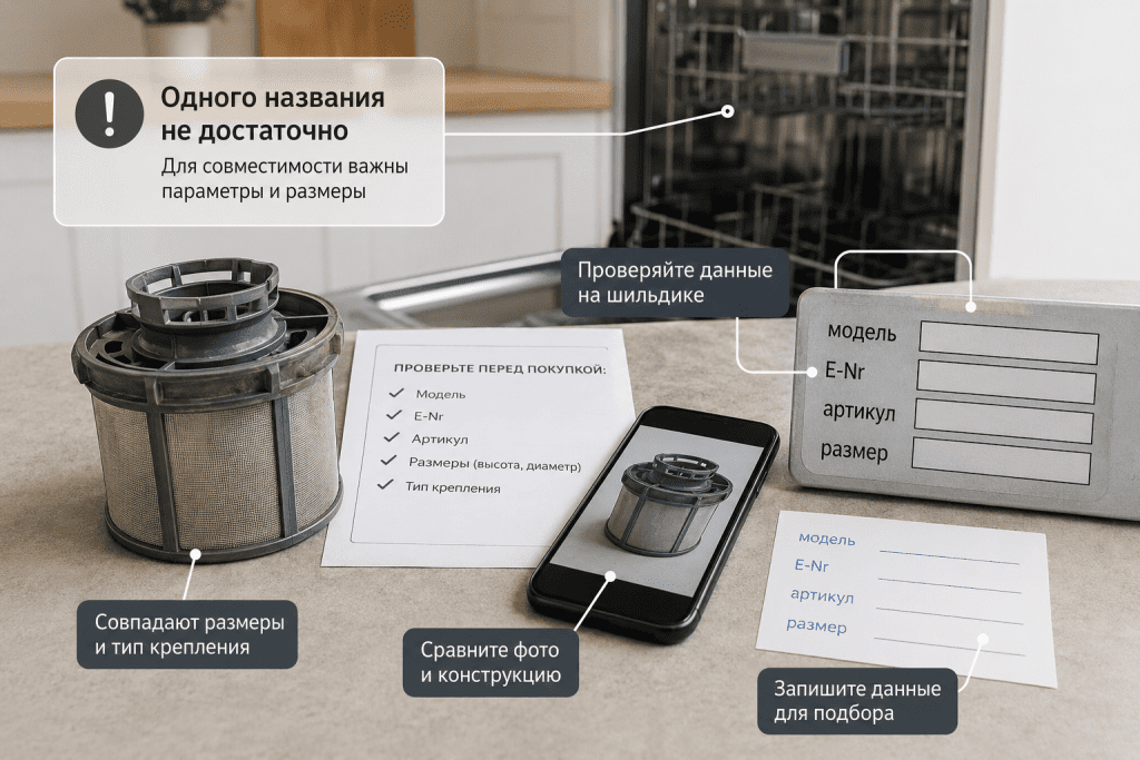 Для подбора фильтра подготовлены модель посудомоечной машины, E-Nr, артикул старой детали и фото фильтра