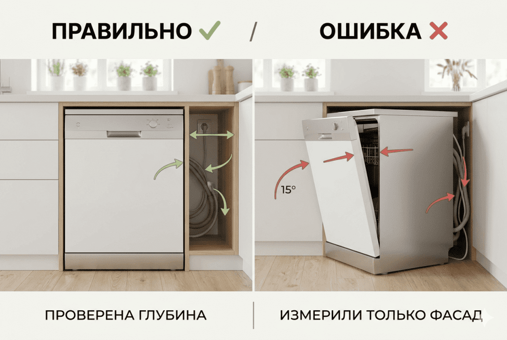 Частая ошибка при выборе посудомоечной машины — шланги и провод зажаты из-за проверки только фасадного проёма