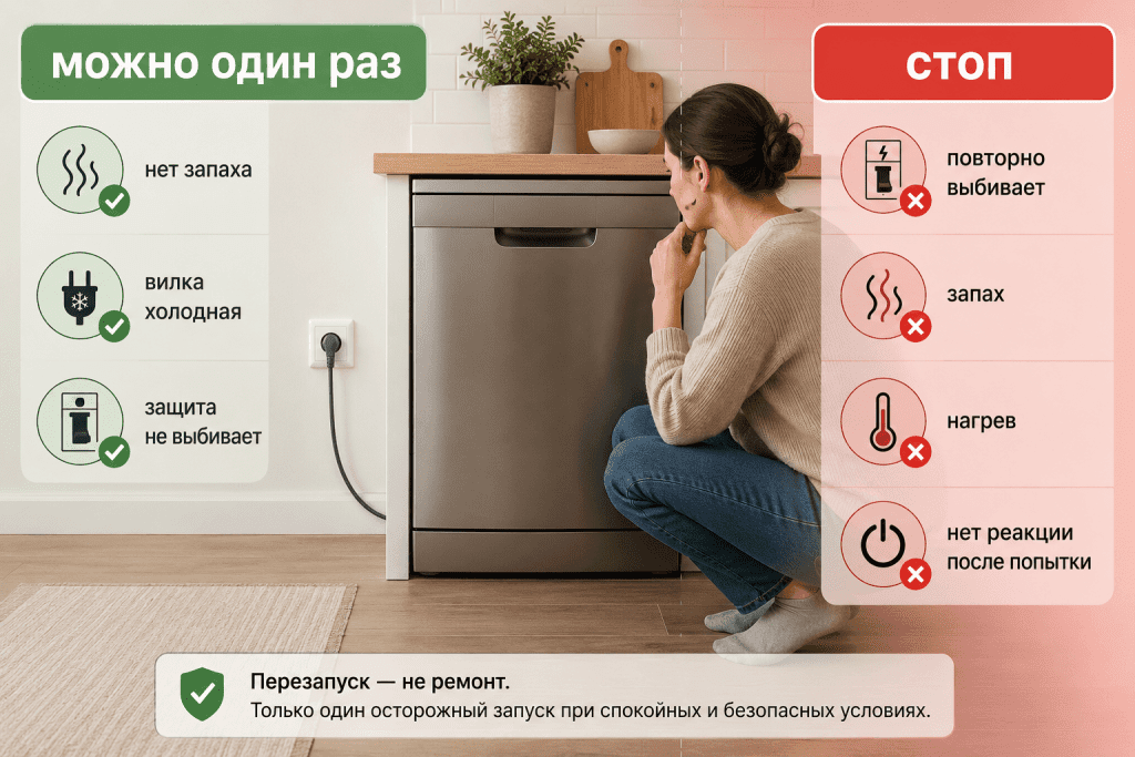 Один безопасный перезапуск посудомоечной машины после отключения света только после спокойной внешней проверки