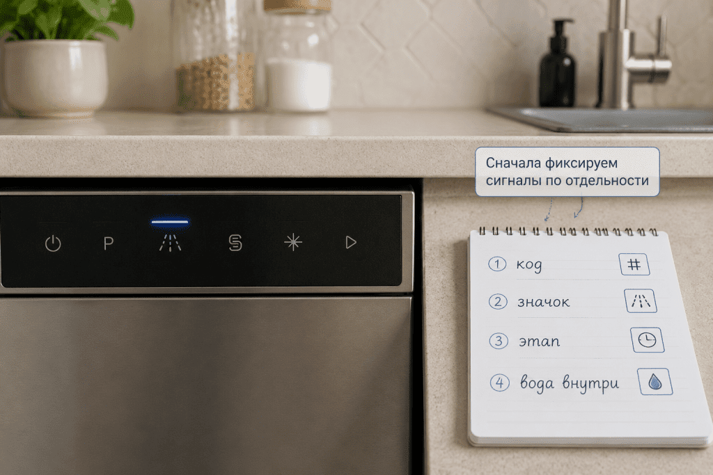 Разные сигналы посудомойки — код, значок, вода внутри и этап остановки — записаны отдельно, чтобы не смешивать причины