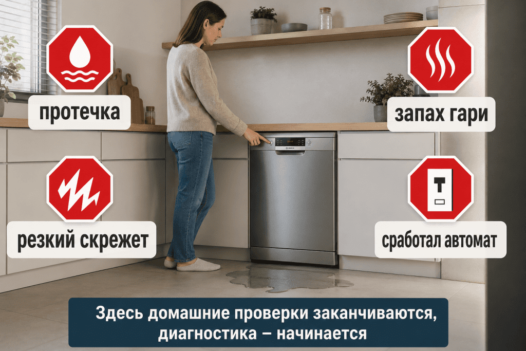 Стоп-признаки при шуме посудомоечной машины показывают границу самостоятельных проверок