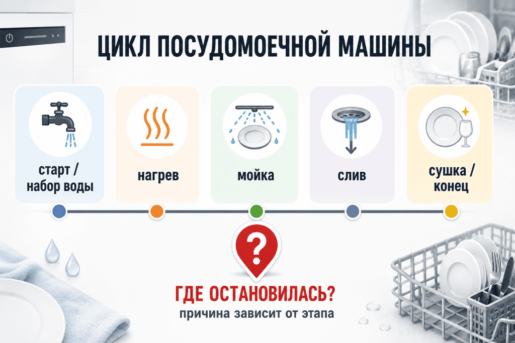 Схема этапов цикла посудомойки помогает понять, где именно произошла остановка