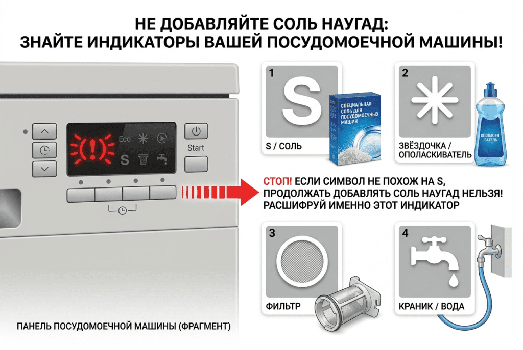 Сравнение значка соли, ополаскивателя, фильтра и краника на панели посудомоечной машины