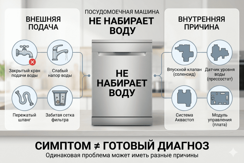 Один и тот же симптом не доказывает конкретную поломку посудомоечной машины