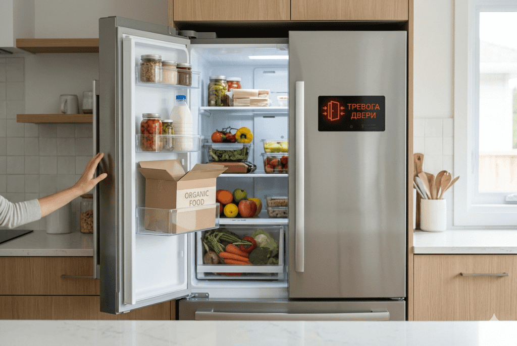 Холодильник подаёт Door Alarm из-за неплотно закрытой дверцы, которой мешает упаковка внутри камеры
