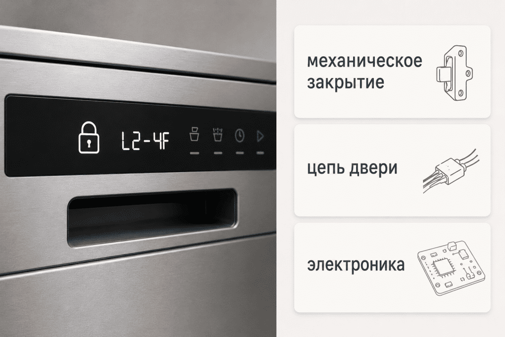 Код или значок двери у посудомоечной машины указывает направление проверки, но не доказывает конкретную неисправность