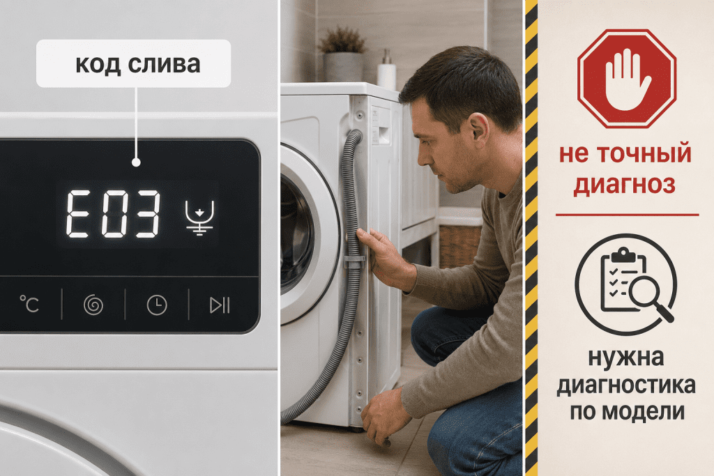 Код ошибки слива показывает проблему отвода воды в целом, но не подтверждает засор шланга без диагностики