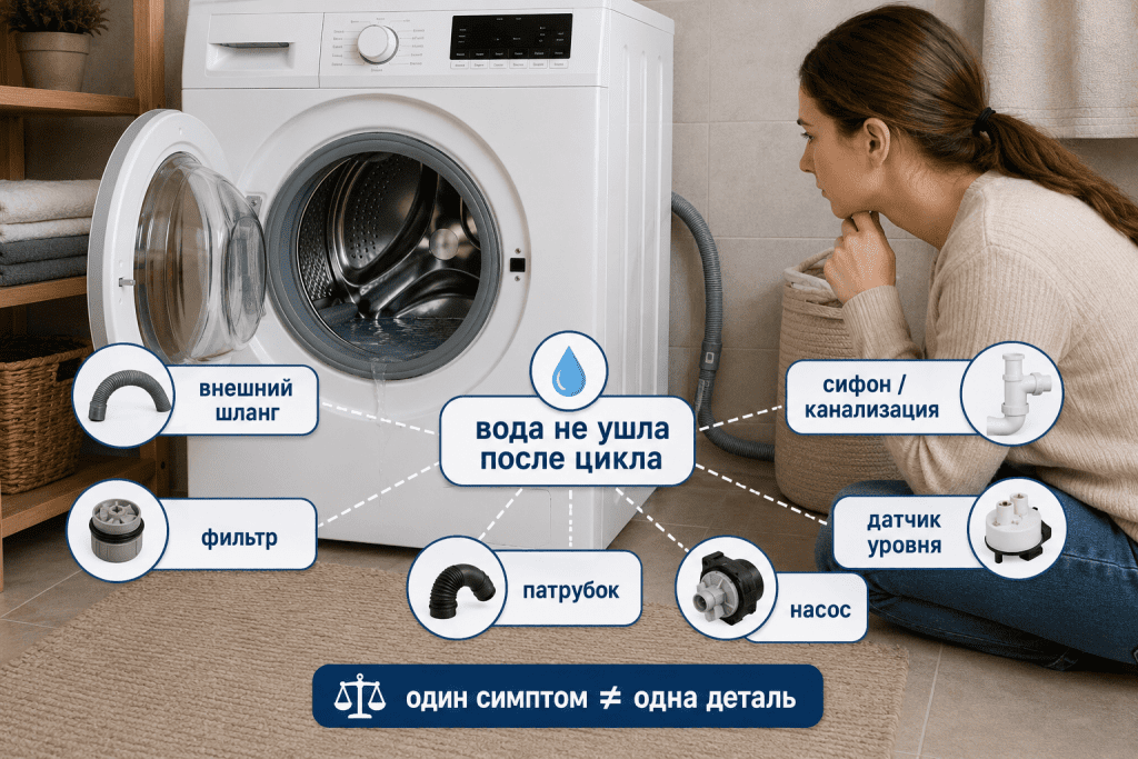 Одинаковый симптом плохого слива может быть связан со шлангом, фильтром, насосом, сифоном или датчиком уровня