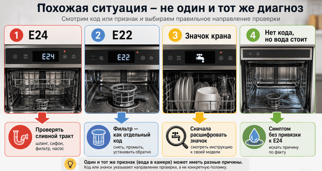 Разные сигналы посудомоечной машины Bosch требуют разных следующих шагов: E24, E22, значок крана и отсутствие кода