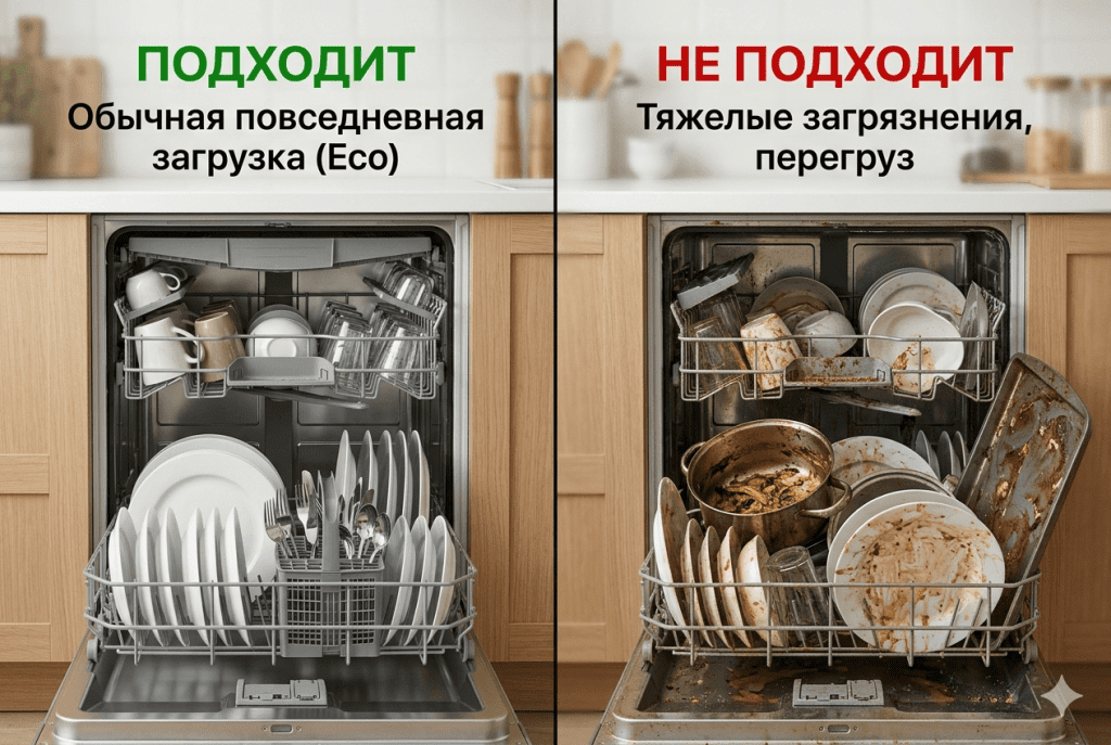 Сравнение подходящей и неподходящей загрузки для Eco-режима посудомоечной машины