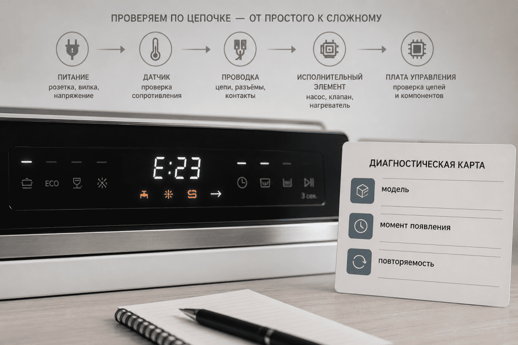 Код ошибки и хаотичные индикаторы уточняют направление проверки, но не доказывают плату