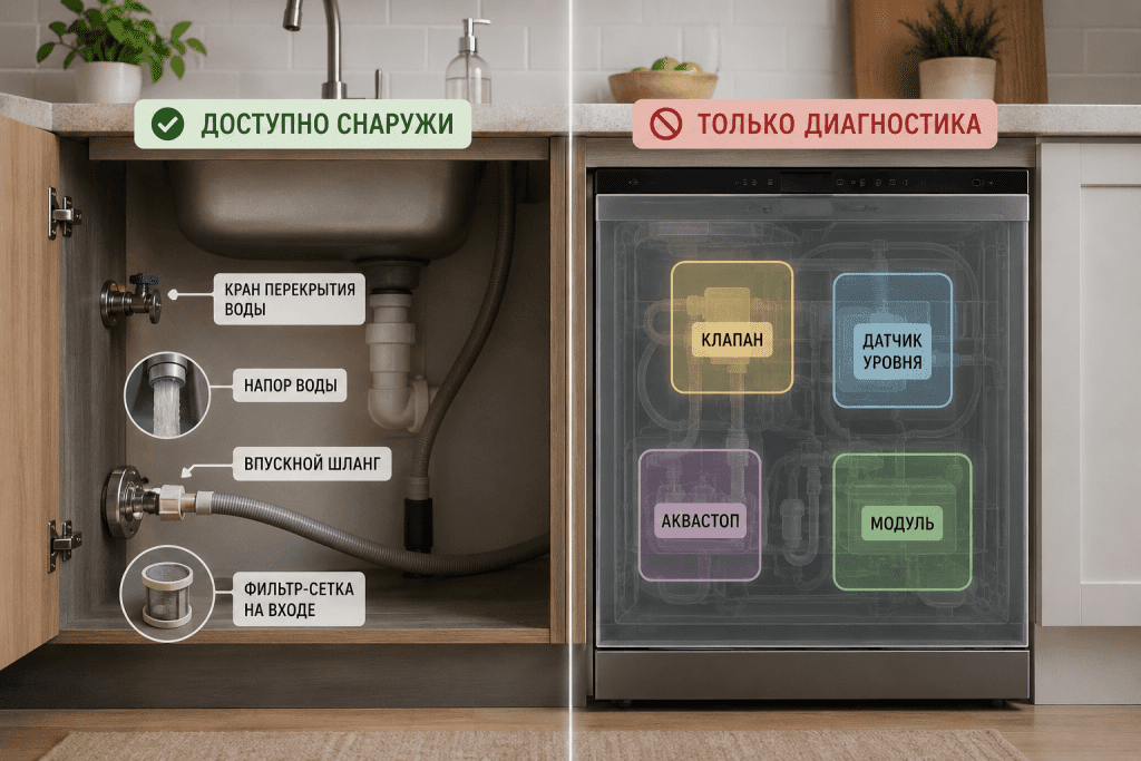 Разница между внешними причинами отсутствия воды и внутренними узлами, которые не проверяют без разборки