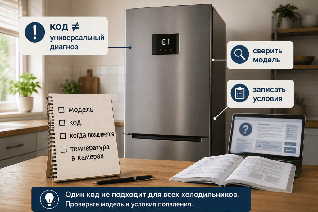 Код ошибки холодильника нужно сверять с брендом, моделью и условиями появления, а не считать универсальным признаком поломки датчика