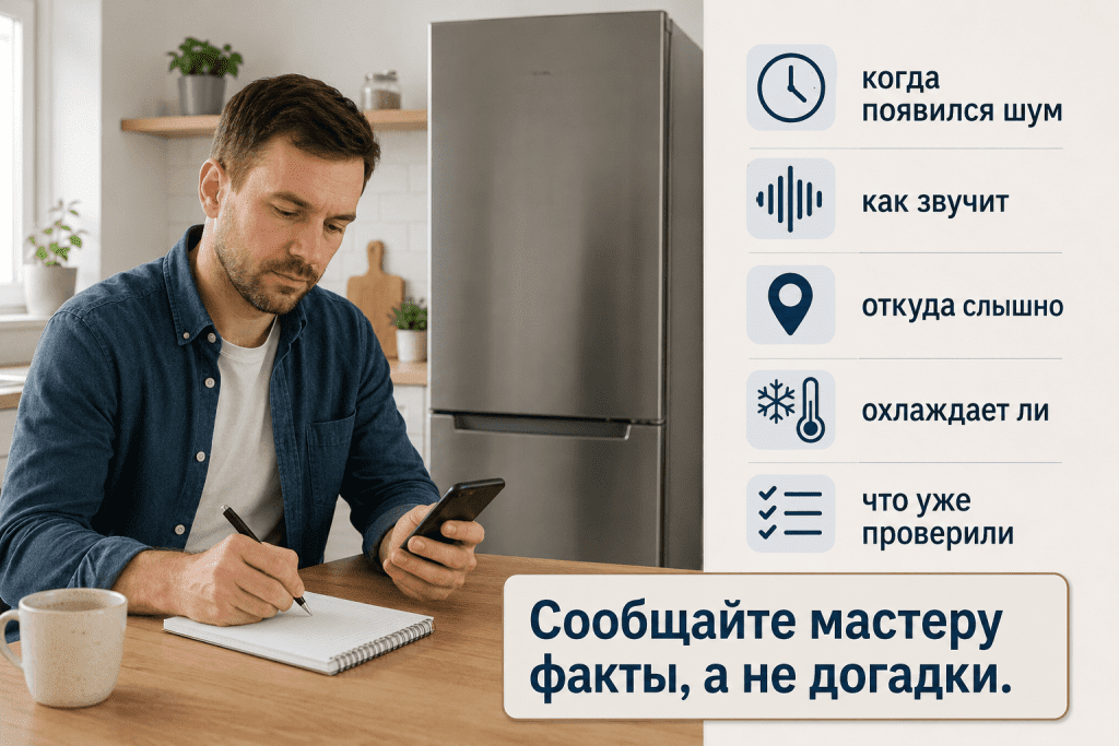 Перед обращением к мастеру полезно записать звук, источник, охлаждение, наледь, воду и уже выполненные проверки