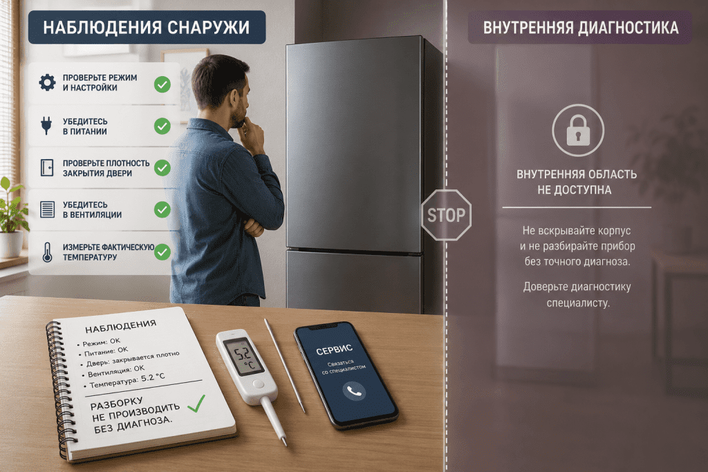 Граница самостоятельной проверки: если нужны внутренние узлы, разборка или электрическая диагностика, бытовые проверки заканчиваются
