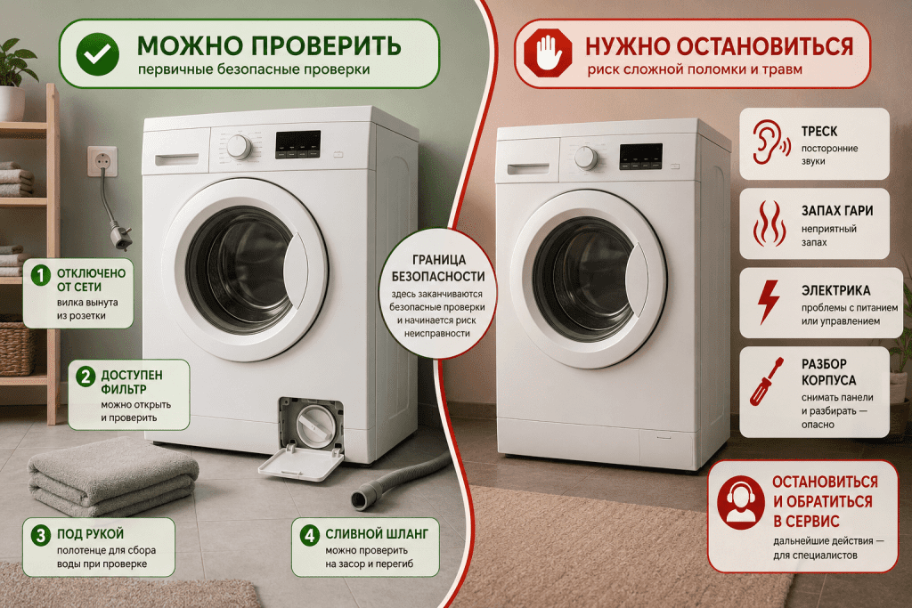 Граница самостоятельной проверки стиральной машины: после фильтра и шланга разбор корпуса и электрика требуют специалиста