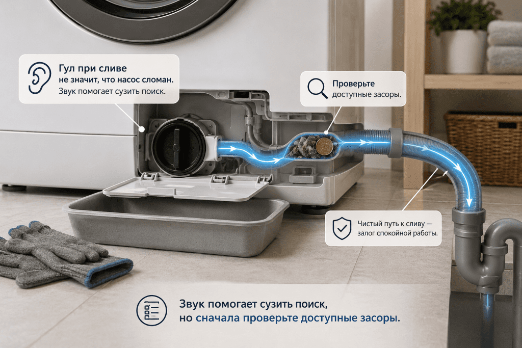 Насос гудит, но вода может не уходить из-за фильтра, крыльчатки, шланга или внешнего слива