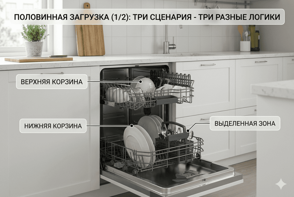 Разные варианты половинной загрузки в посудомоечной машине: верхняя корзина, нижняя корзина и выбранная зона