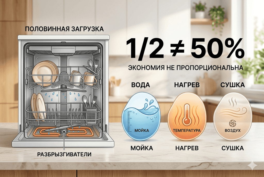 Половинная загрузка снижает часть расходов цикла, но не делит воду, нагрев и сушку ровно пополам