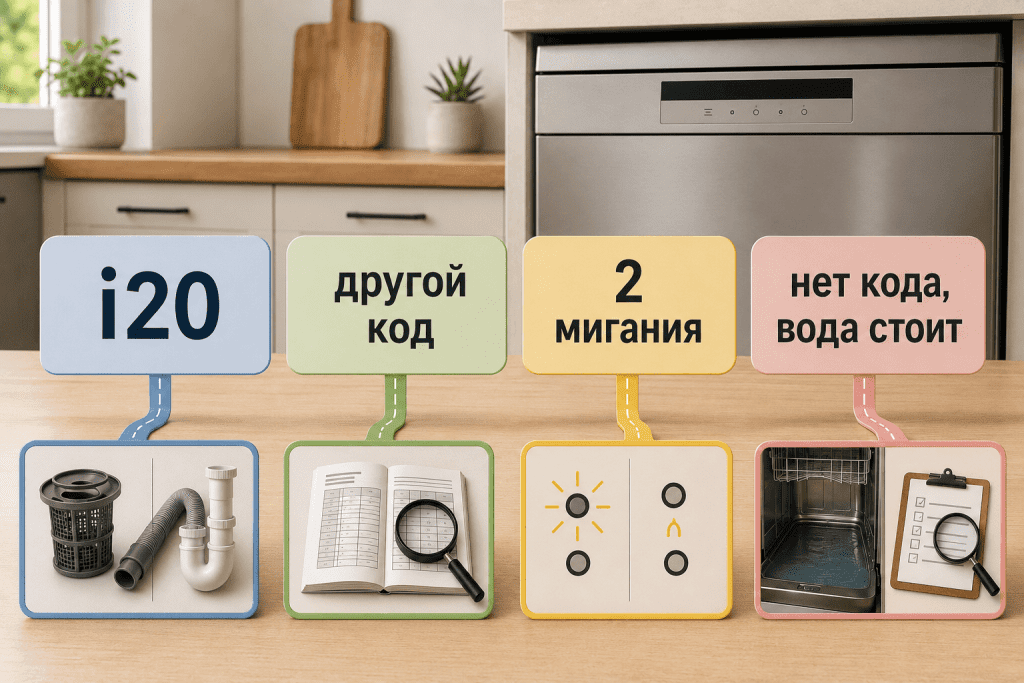 Развилка для разных случаев: i20 на дисплее, другой код, только мигание или симптом без кода требуют разных следующих шагов