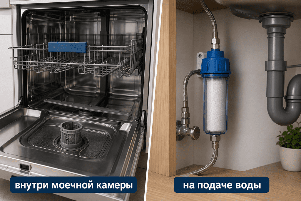 Внутренний фильтр посудомоечной машины и внешний фильтр воды показаны как разные детали для разных задач
