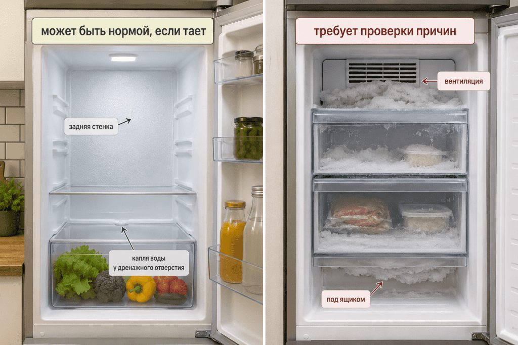 Сравнение нормального тонкого инея в капельном холодильнике и тревожной наледи в No Frost