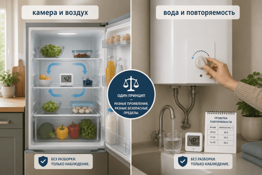 Разные безопасные признаки для холодильника и водонагревателя при общей логике проверки датчика температуры