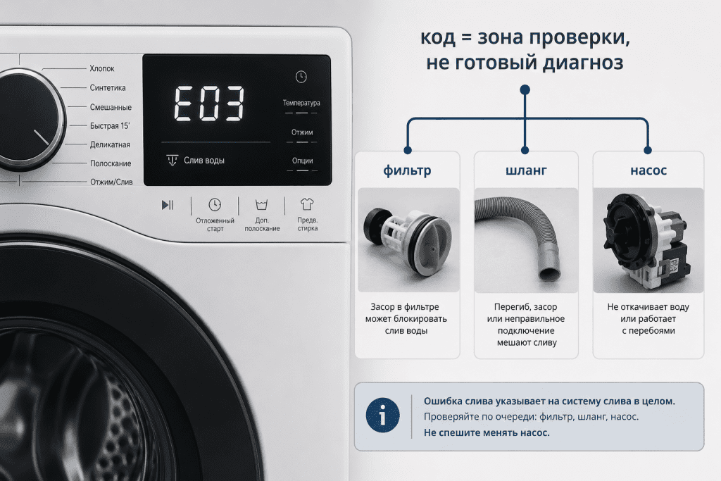 Код ошибки слива на панели стиральной машины показан как подсказка к системе слива, а не как точный диагноз насоса